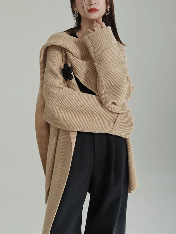 Asymmetric Three-Dimensional Flower High-Low Long Sleeves Round-Neck Cardigan Tops