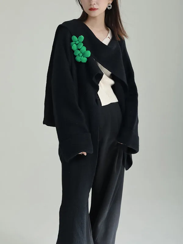 Asymmetric Three-Dimensional Flower High-Low Long Sleeves Round-Neck Cardigan Tops
