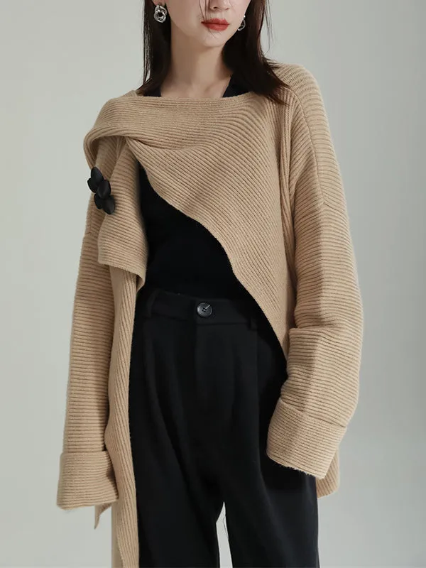 Asymmetric Three-Dimensional Flower High-Low Long Sleeves Round-Neck Cardigan Tops