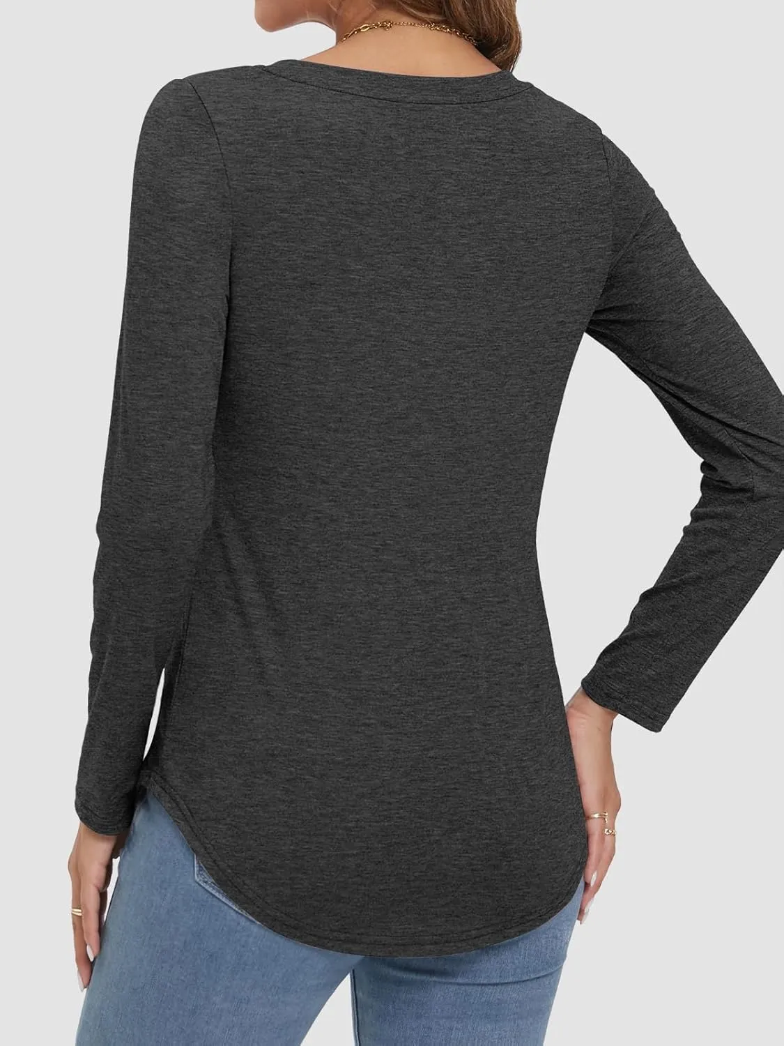 ATHMILE Womens 2025 Fall Long Sleeve Shirts Basic Apparel Shirts Trendy V Neck Tshirt for Women Curved Hem Tops