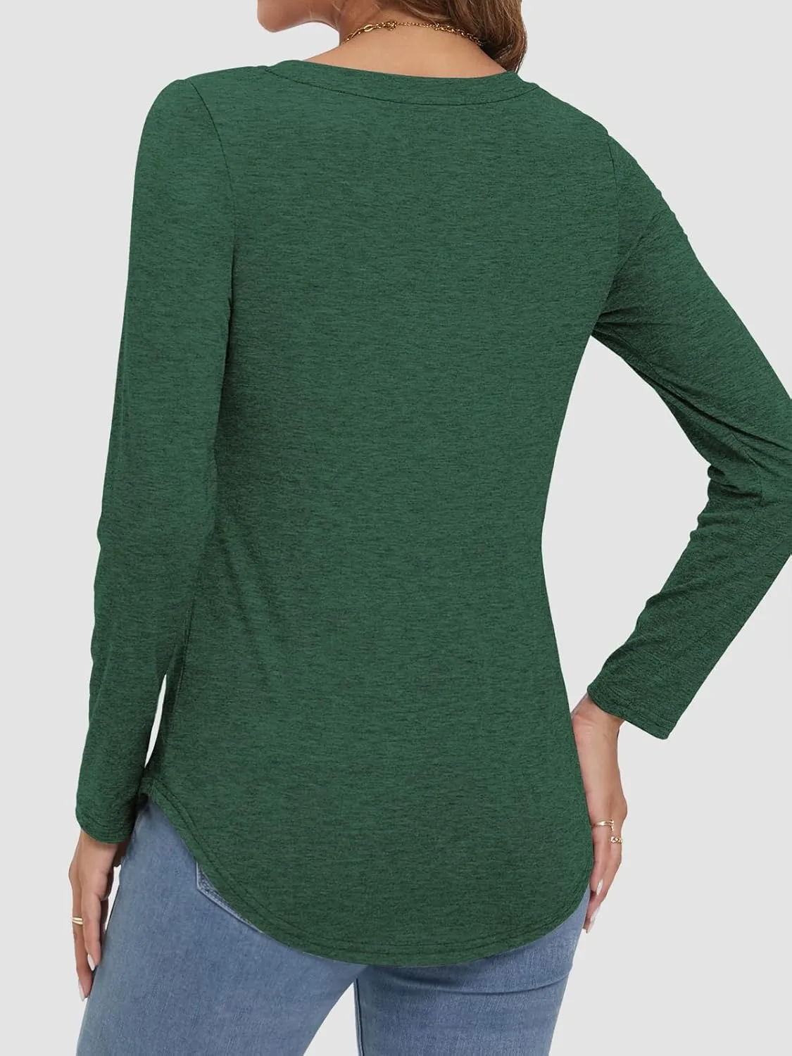 ATHMILE Womens 2025 Fall Long Sleeve Shirts Basic Apparel Shirts Trendy V Neck Tshirt for Women Curved Hem Tops