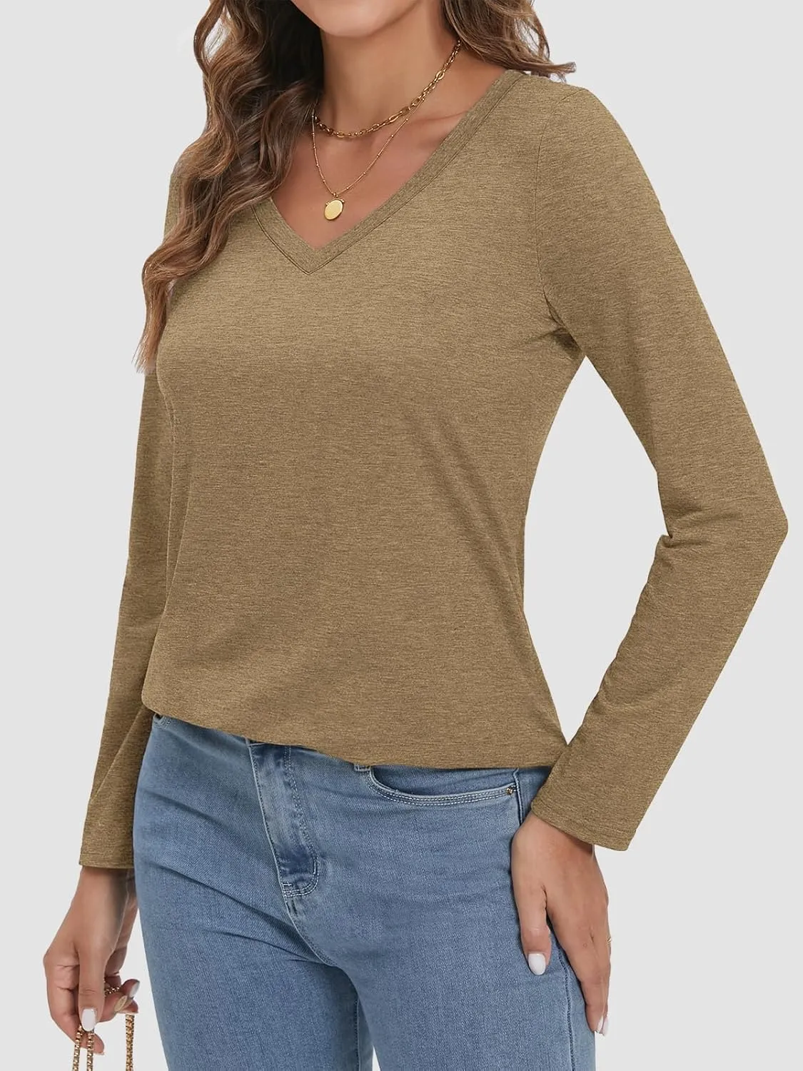 ATHMILE Womens 2025 Fall Long Sleeve Shirts Basic Apparel Shirts Trendy V Neck Tshirt for Women Curved Hem Tops