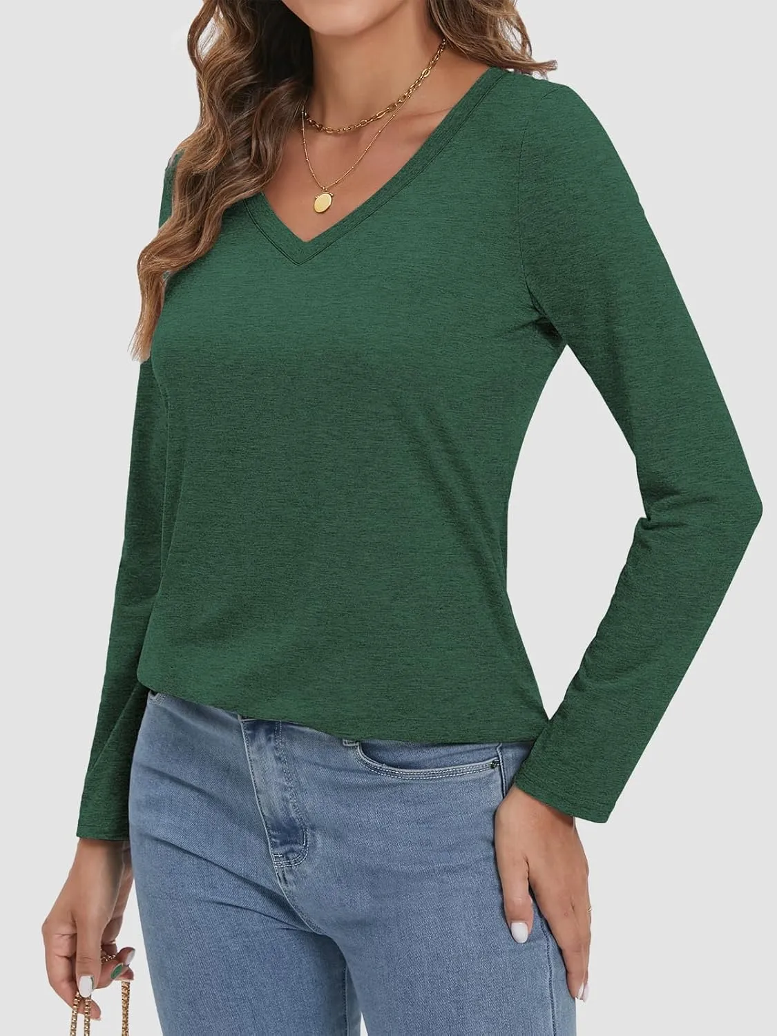 ATHMILE Womens 2025 Fall Long Sleeve Shirts Basic Apparel Shirts Trendy V Neck Tshirt for Women Curved Hem Tops
