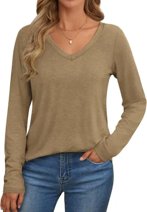 ATHMILE Womens 2025 Fall Long Sleeve Shirts Basic Apparel Shirts Trendy V Neck Tshirt for Women Curved Hem Tops