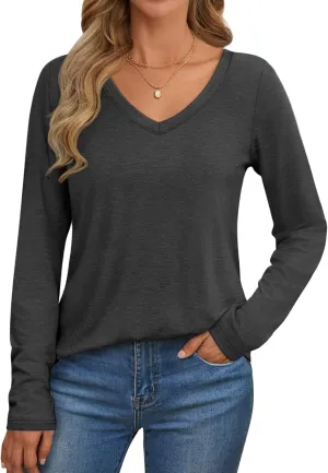 ATHMILE Womens 2025 Fall Long Sleeve Shirts Basic Apparel Shirts Trendy V Neck Tshirt for Women Curved Hem Tops