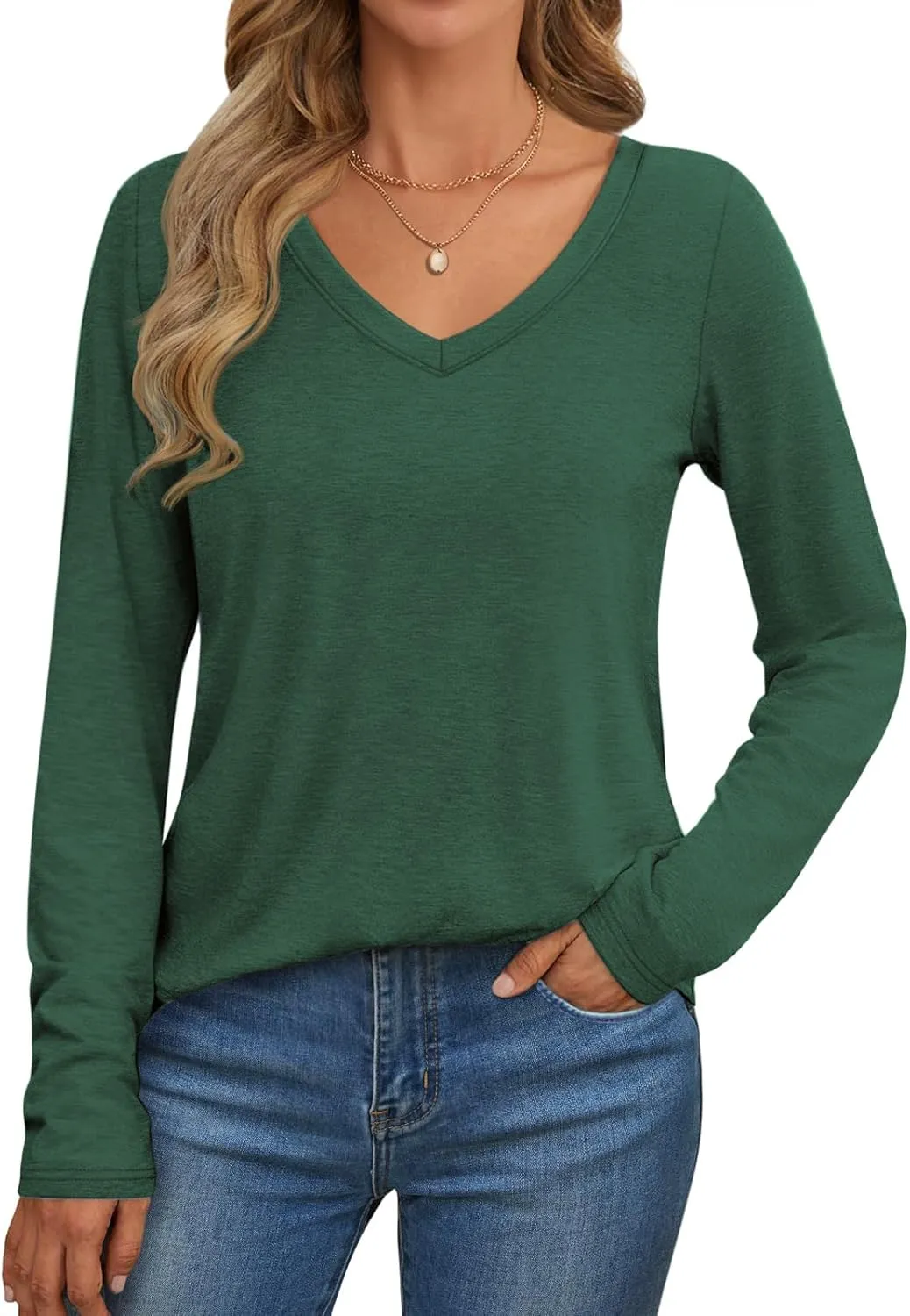 ATHMILE Womens 2025 Fall Long Sleeve Shirts Basic Apparel Shirts Trendy V Neck Tshirt for Women Curved Hem Tops