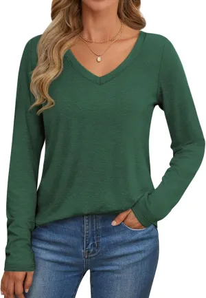 ATHMILE Womens 2025 Fall Long Sleeve Shirts Basic Apparel Shirts Trendy V Neck Tshirt for Women Curved Hem Tops