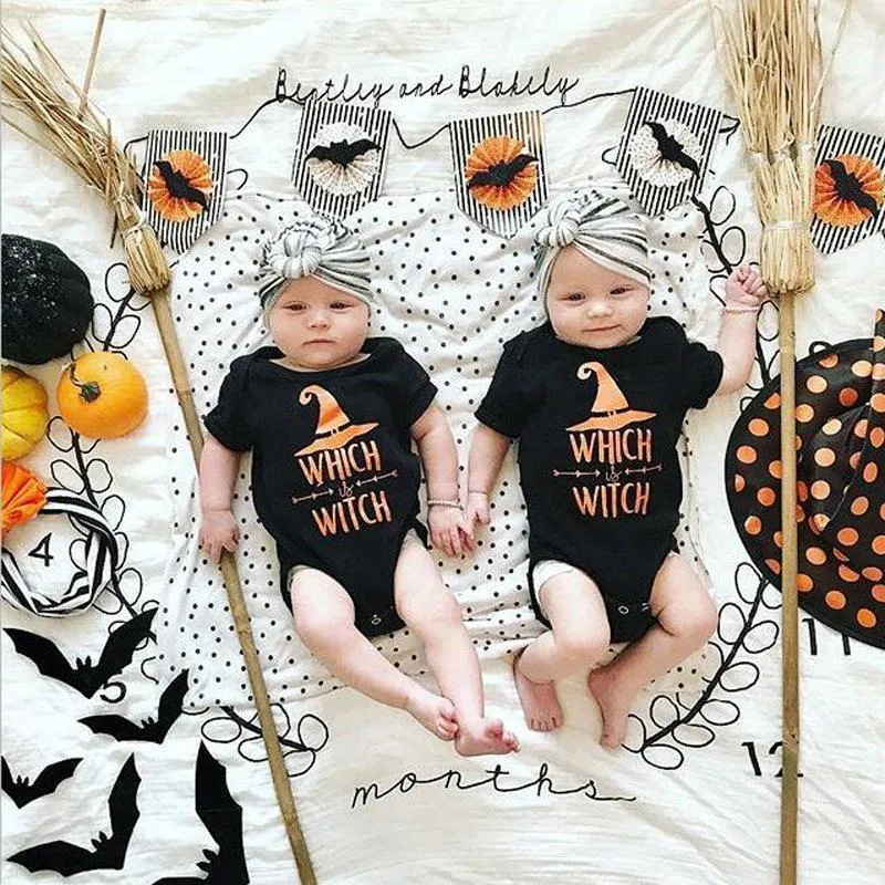 Baby Halloween Letter Cartoon Print Short Sleeve Rompers