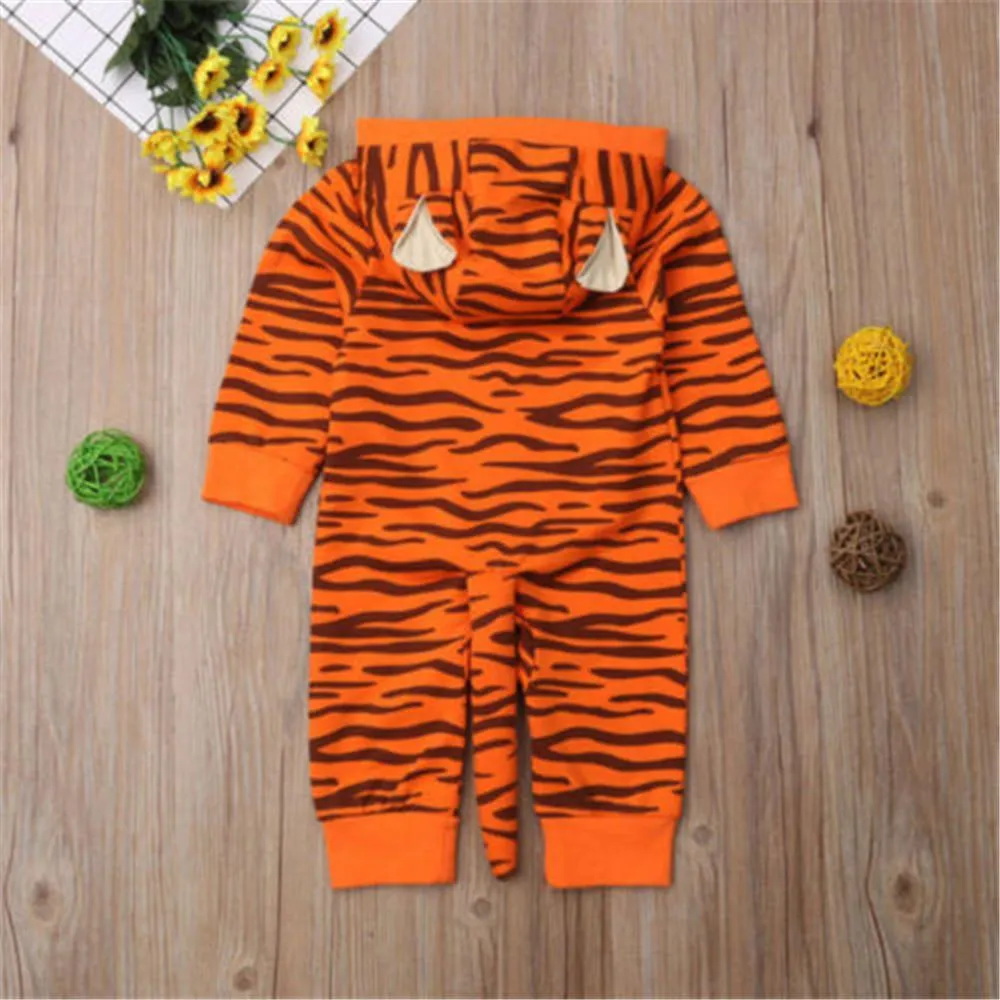 Baby Tiger Animal Print Long Sleeve Hooded Rompers