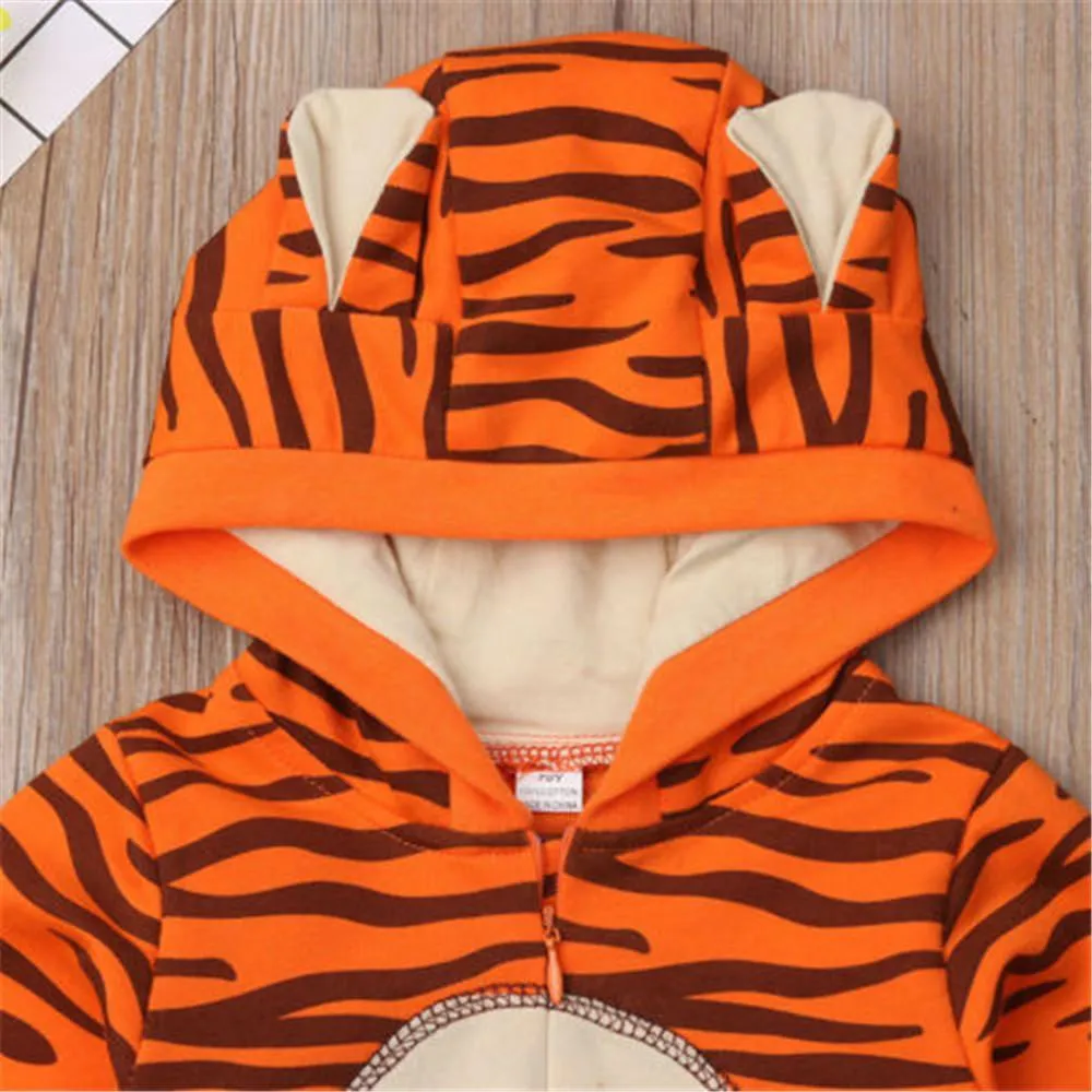 Baby Tiger Animal Print Long Sleeve Hooded Rompers