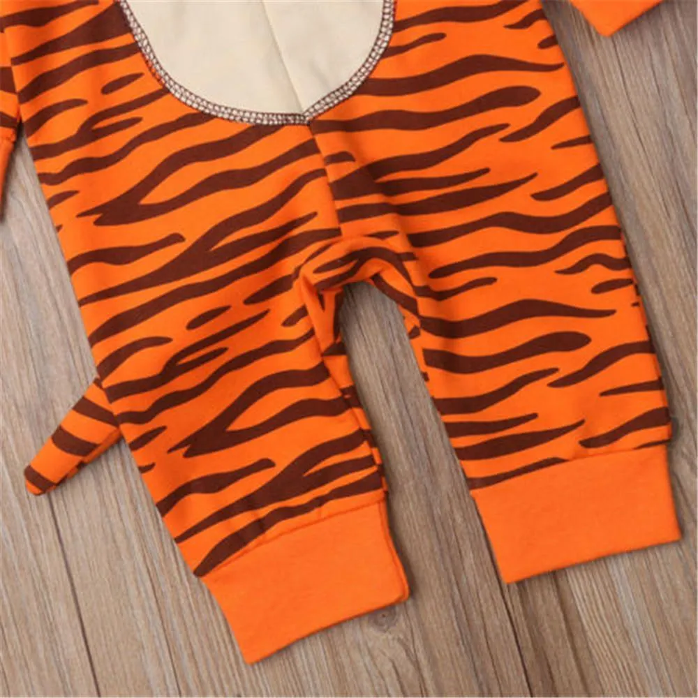 Baby Tiger Animal Print Long Sleeve Hooded Rompers