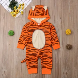 Baby Tiger Animal Print Long Sleeve Hooded Rompers
