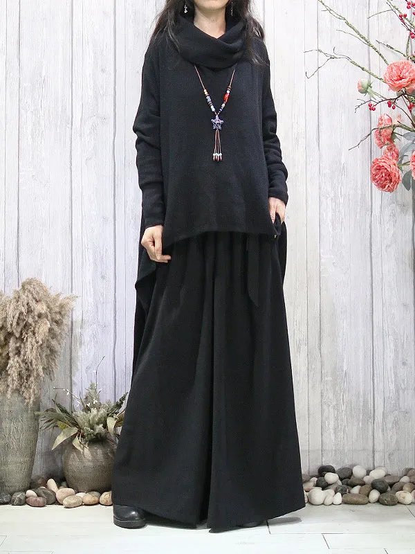 Batwing Sleeves High-Low Solid Color Heaps Collar Pullovers Sweater Tops