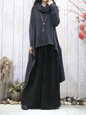 Batwing Sleeves High-Low Solid Color Heaps Collar Pullovers Sweater Tops