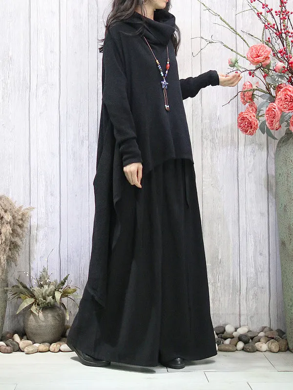 Batwing Sleeves High-Low Solid Color Heaps Collar Pullovers Sweater Tops
