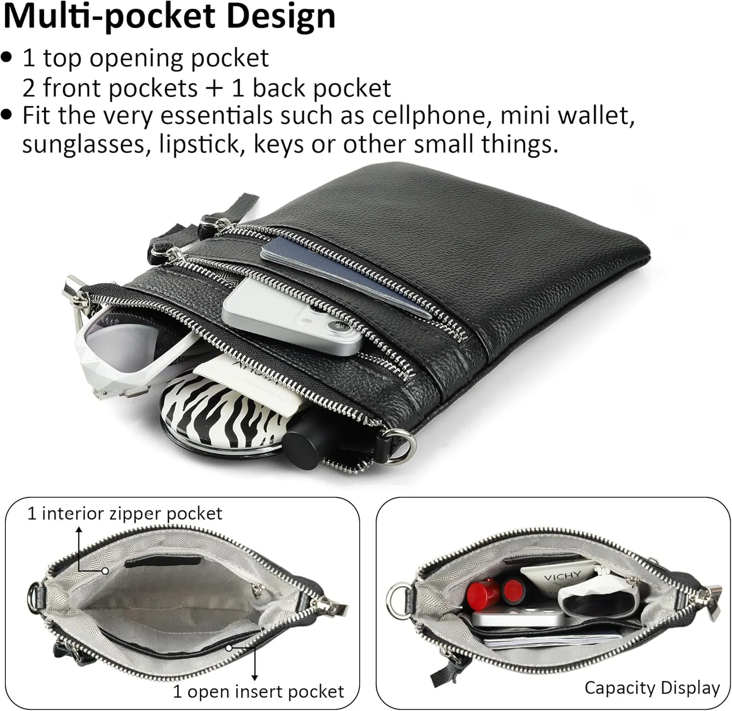 befen Small Genuine Leather Crossbody Purses for Women Trendy Travel Shoulder Handbags with Multiple Zipper Pockets
