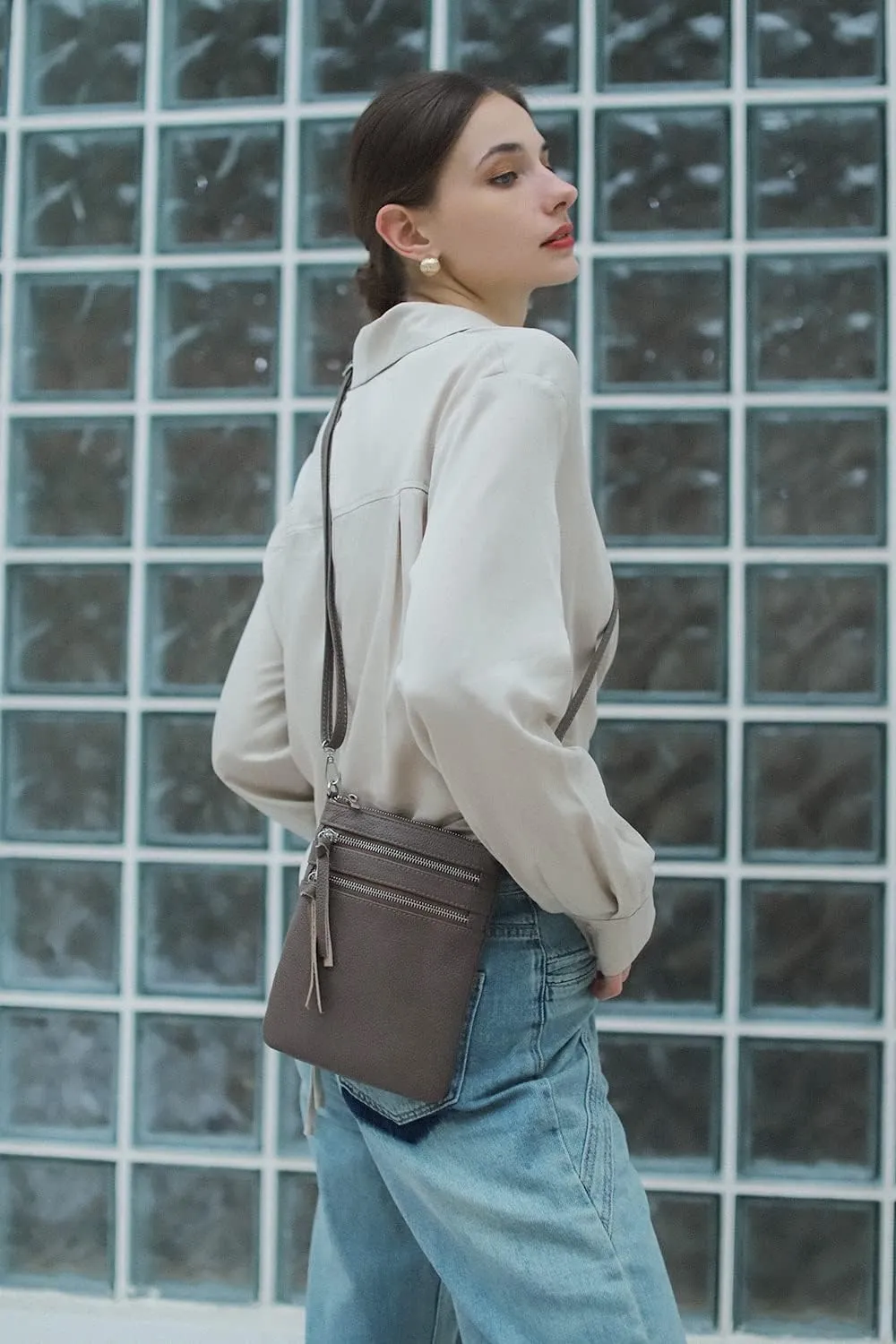 befen Small Genuine Leather Crossbody Purses for Women Trendy Travel Shoulder Handbags with Multiple Zipper Pockets