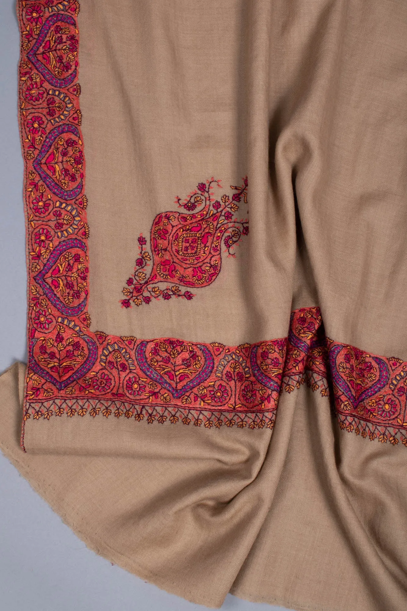 Beige Hand Embroidered Woolen Shawl - KAMRAN