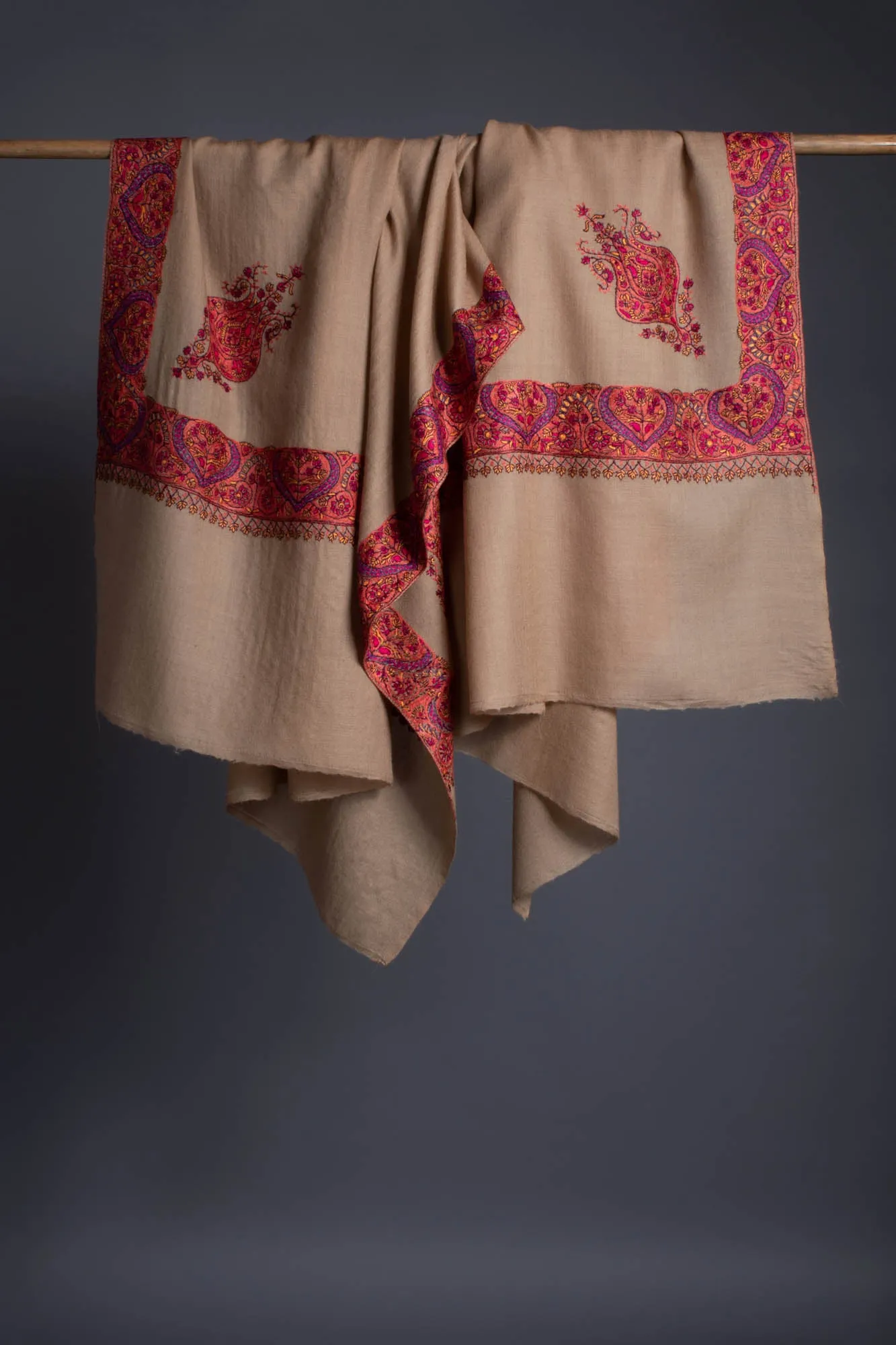 Beige Hand Embroidered Woolen Shawl - KAMRAN