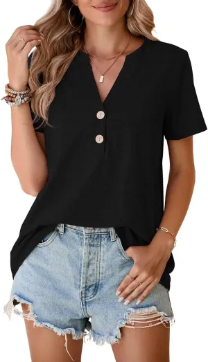BELAROI Plus Size T Shirts for Women Tops Summer Casual Short Sleeve Henley V Neck Button Up Tunic Loose Fit