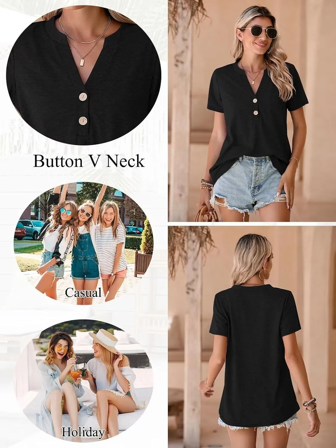 BELAROI Plus Size T Shirts for Women Tops Summer Casual Short Sleeve Henley V Neck Button Up Tunic Loose Fit