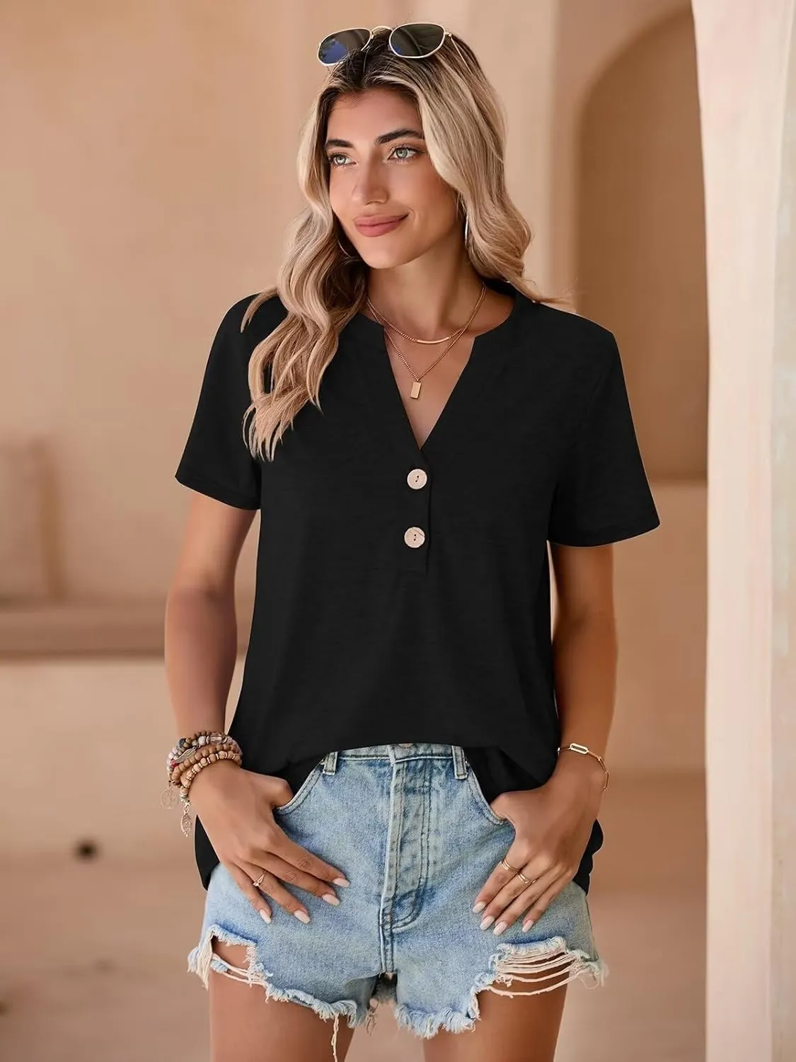 BELAROI Plus Size T Shirts for Women Tops Summer Casual Short Sleeve Henley V Neck Button Up Tunic Loose Fit
