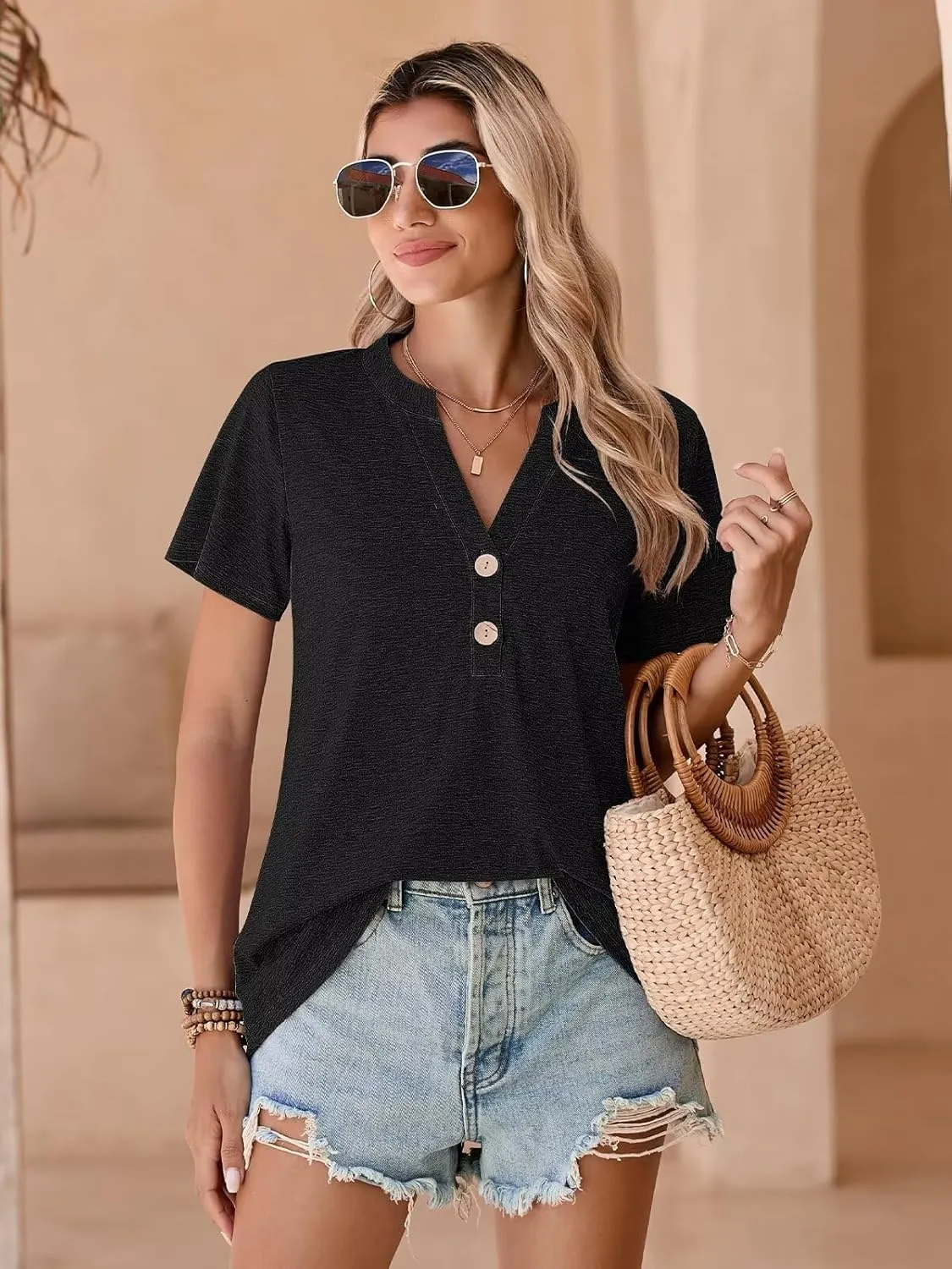 BELAROI Plus Size T Shirts for Women Tops Summer Casual Short Sleeve Henley V Neck Button Up Tunic Loose Fit
