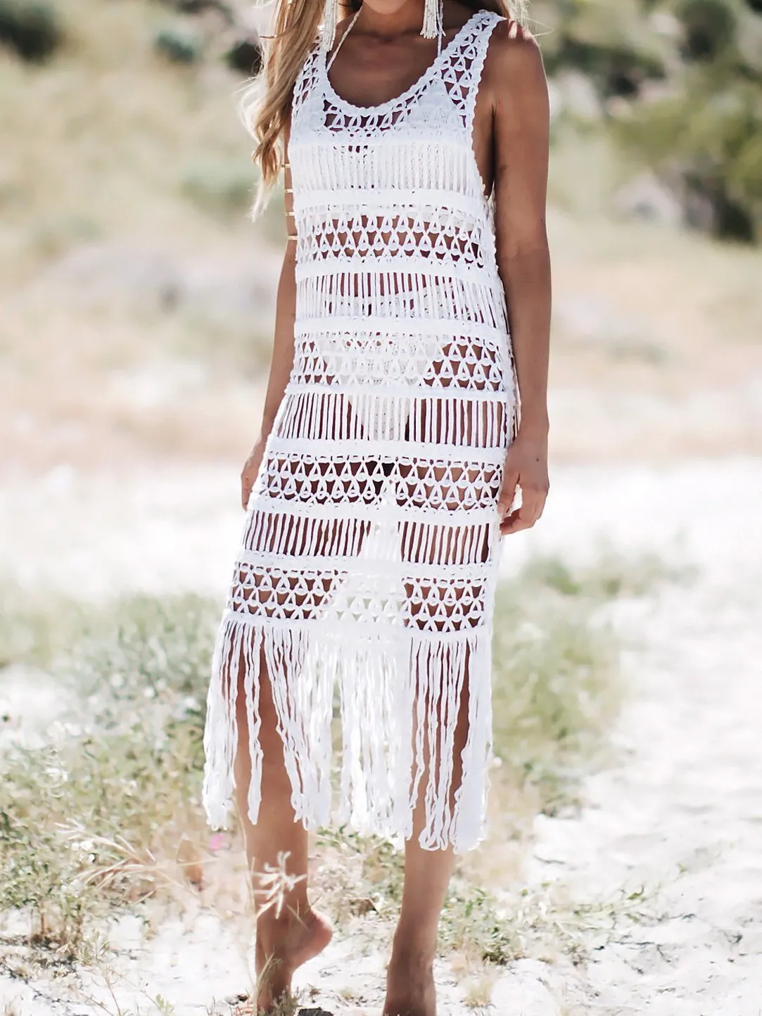 Black and White Women long section blouse weaving stitching tassel beach dress