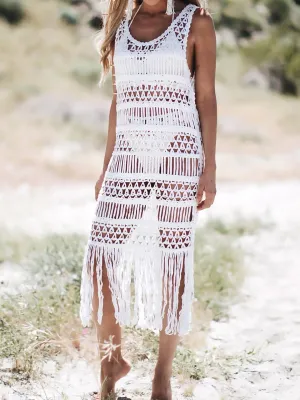 Black and White Women long section blouse weaving stitching tassel beach dress