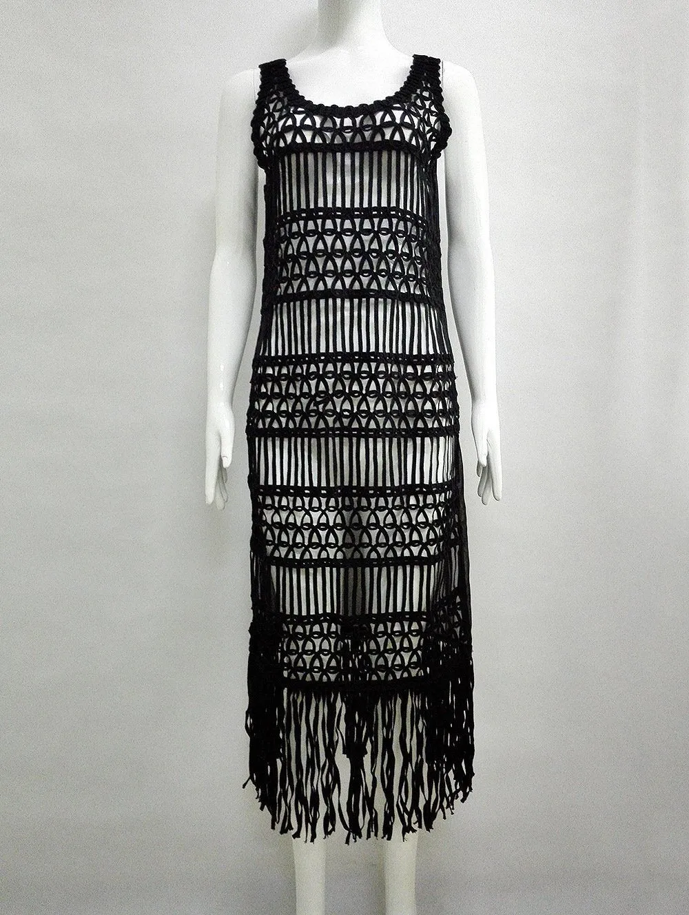 Black and White Women long section blouse weaving stitching tassel beach dress
