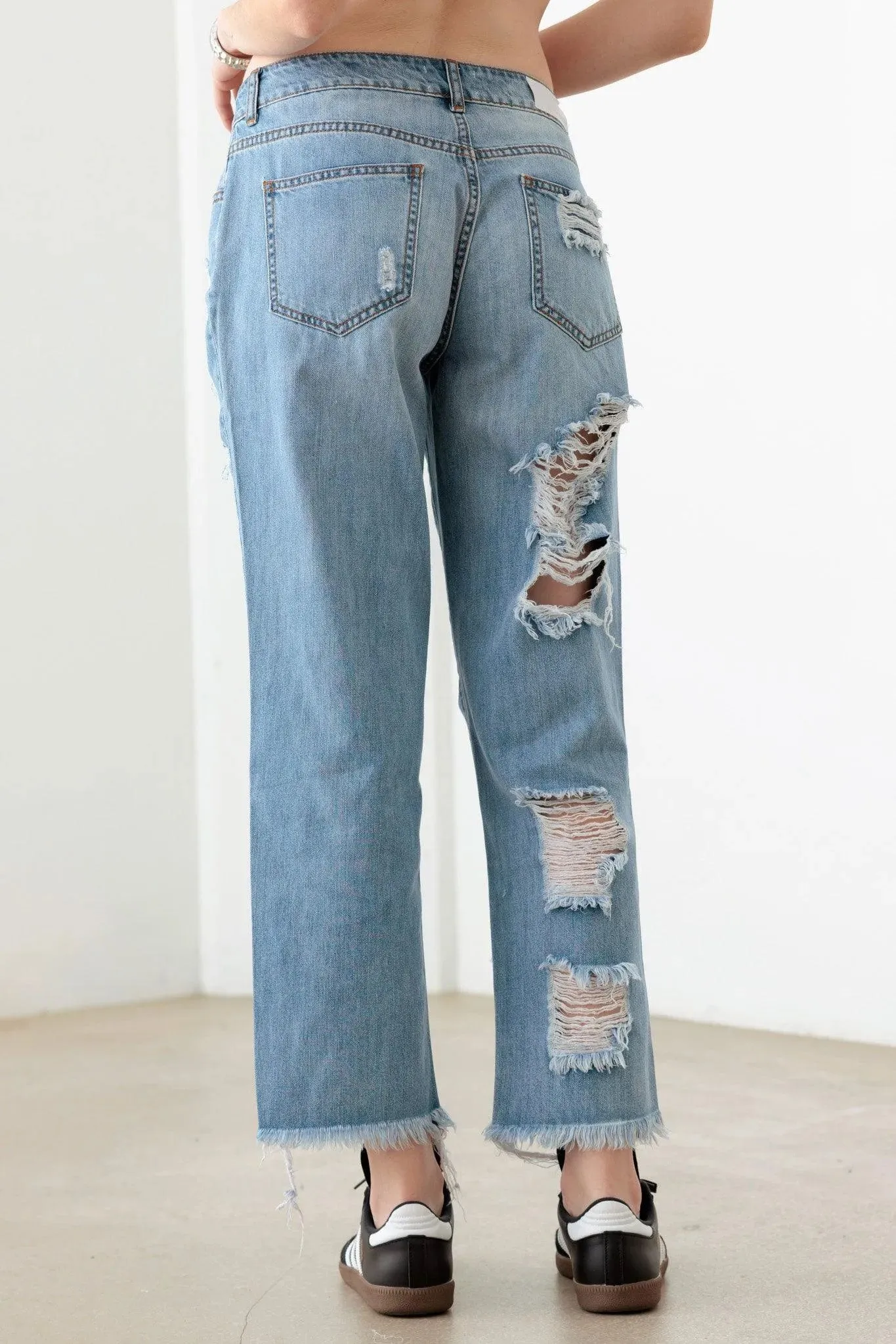 Blue Back And Front Distressed Straight Jeans