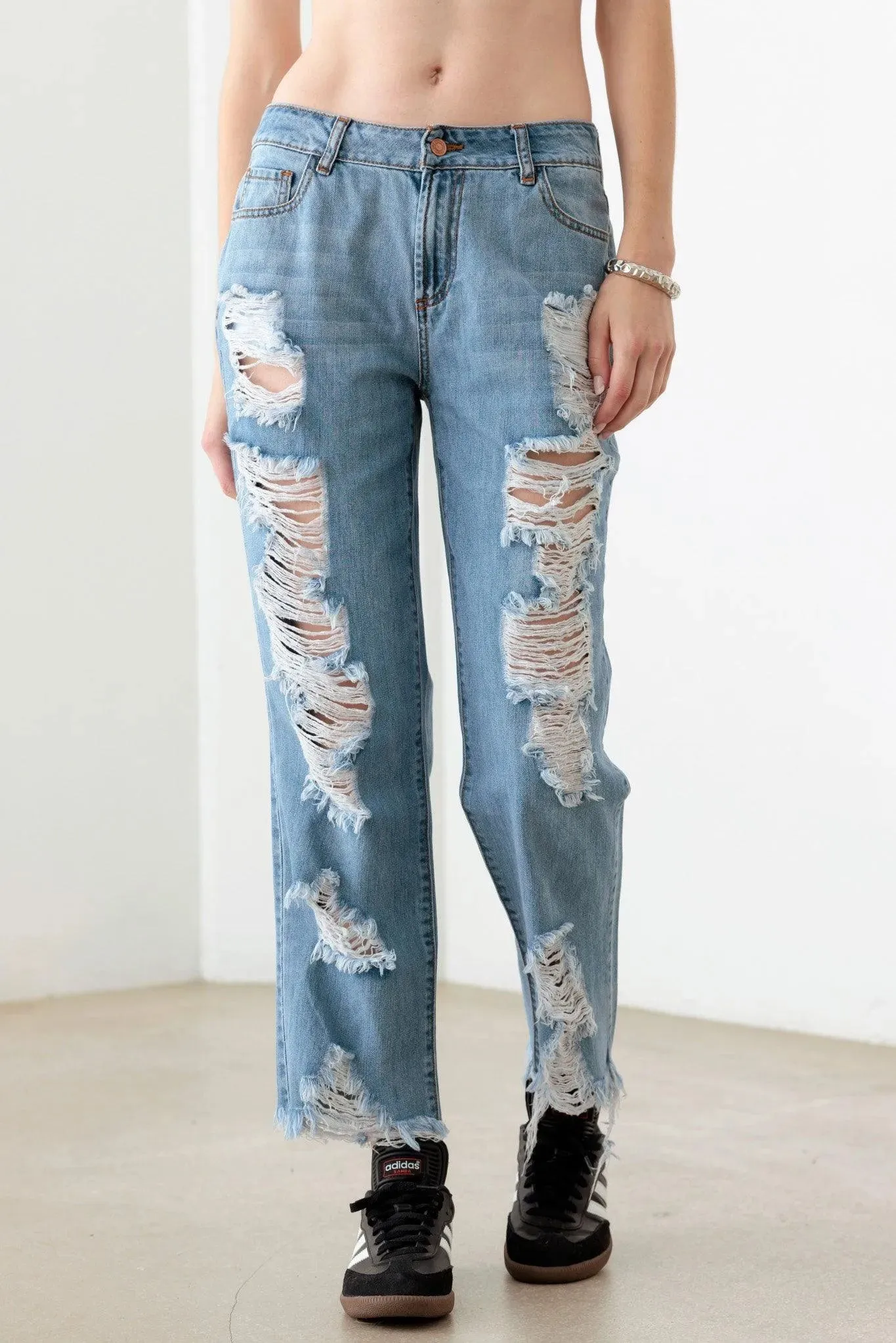 Blue Back And Front Distressed Straight Jeans