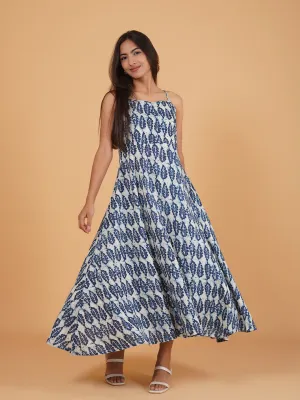 Blue Printed Long Cotton Spaghetti Dress