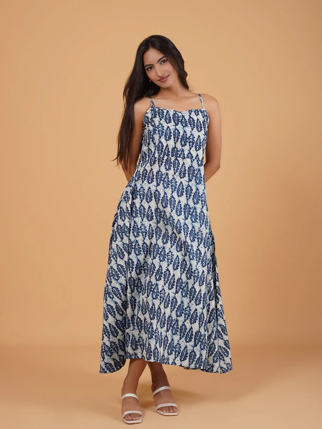 Blue Printed Long Cotton Spaghetti Dress