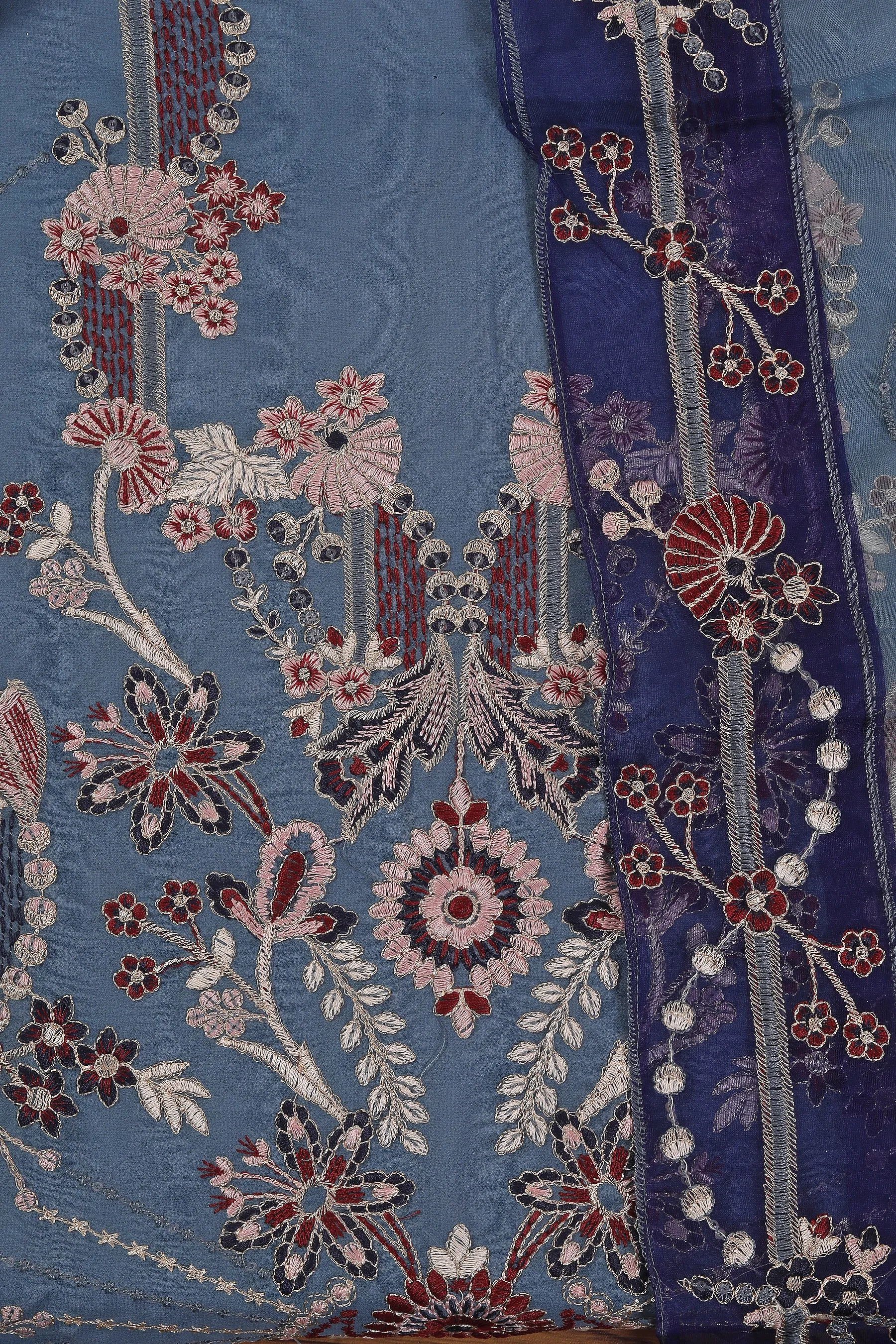 Blue Sequin Embroidered Poly Georgette Dress Material with Dupatta