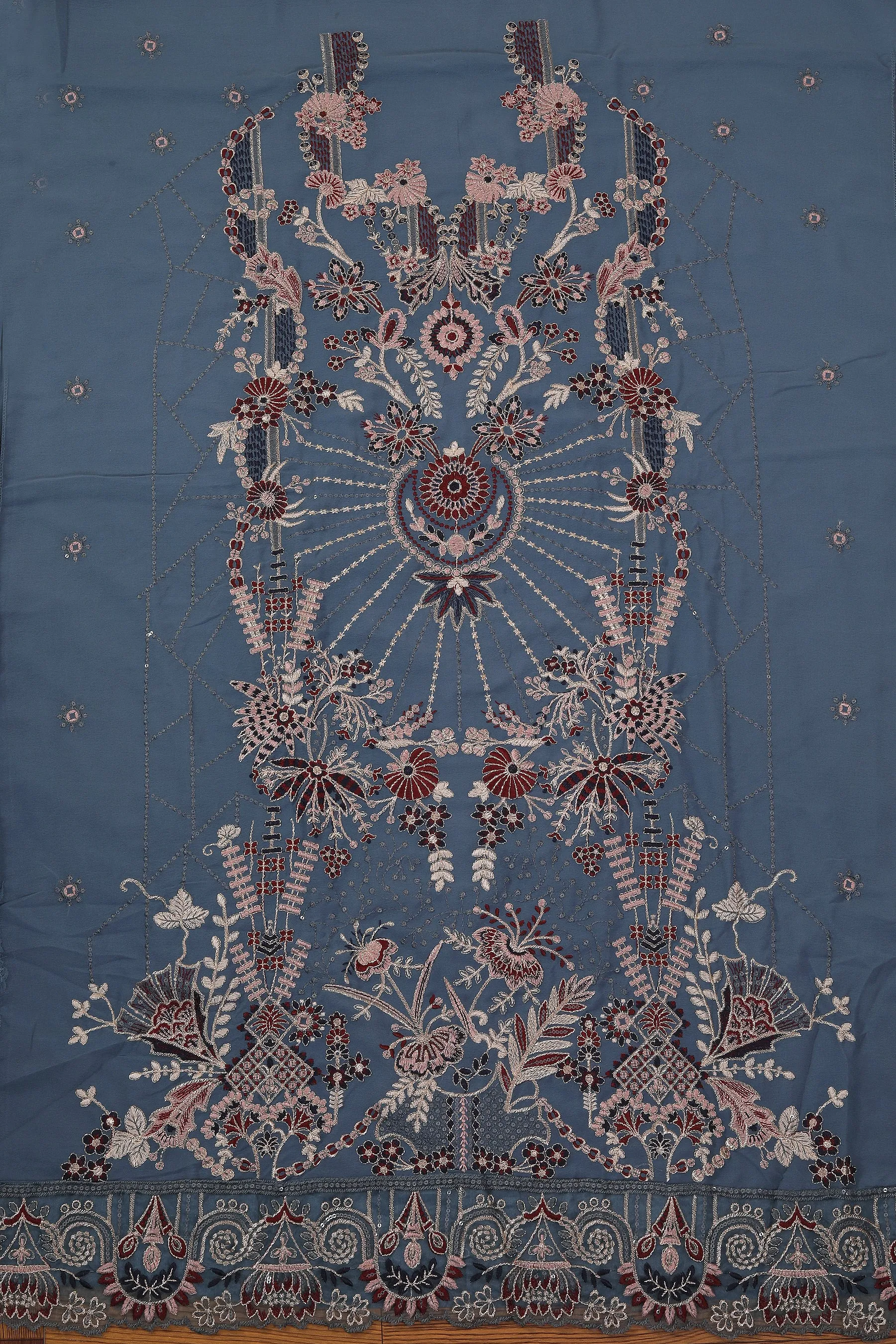 Blue Sequin Embroidered Poly Georgette Dress Material with Dupatta