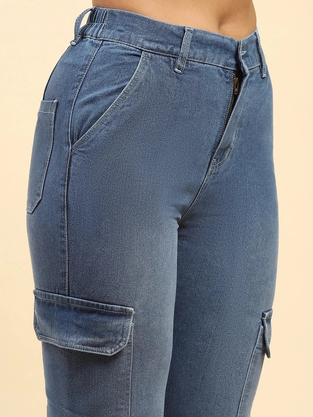 Blue Solid Cotton Blend Straight Fit Cargo