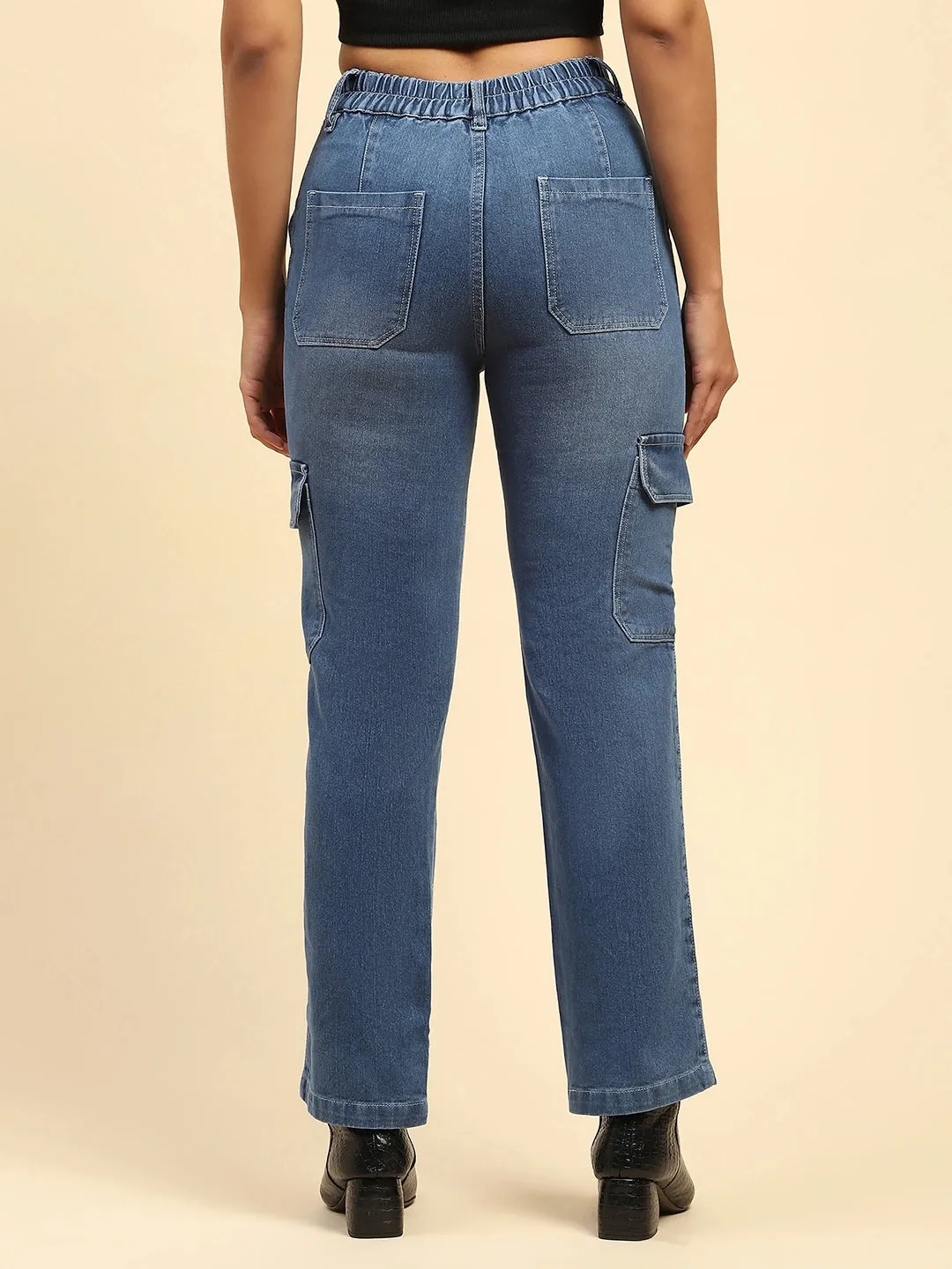 Blue Solid Cotton Blend Straight Fit Cargo