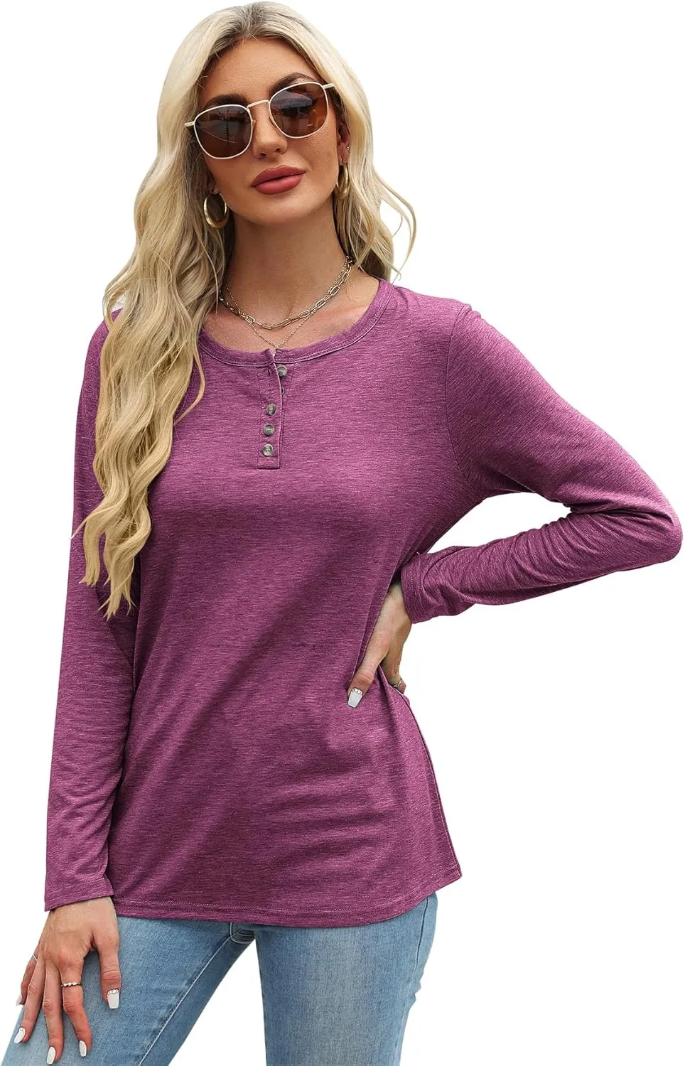 Bluetime Womens Long Sleeve Shirts Crew Neck Button Basic Tee Fall Tops Clothes 2024 Casual Loose T-Shirts