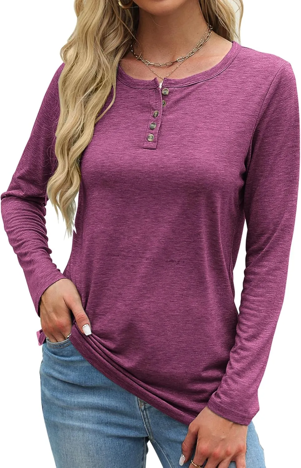 Bluetime Womens Long Sleeve Shirts Crew Neck Button Basic Tee Fall Tops Clothes 2024 Casual Loose T-Shirts