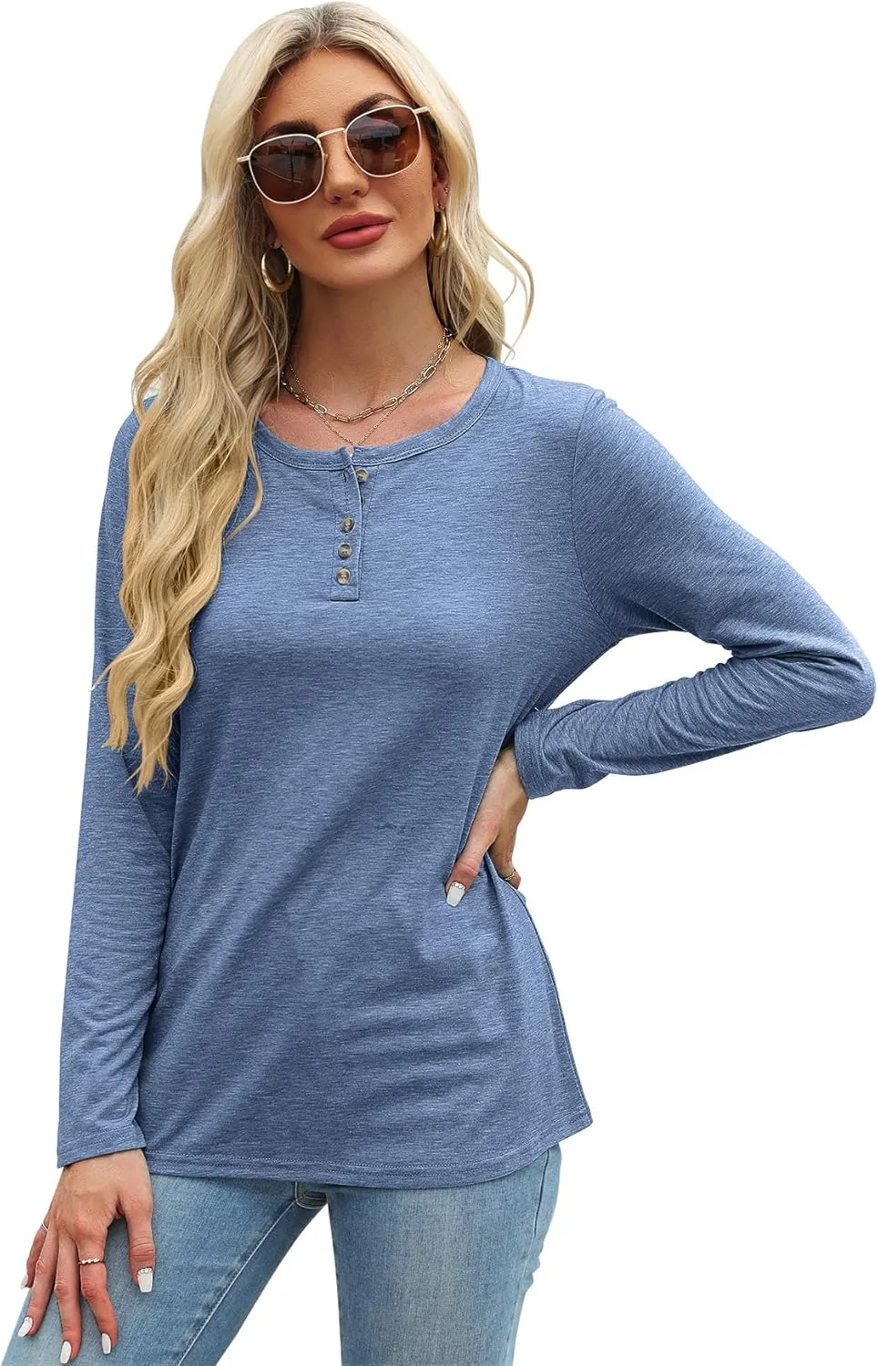 Bluetime Womens Long Sleeve Shirts Crew Neck Button Basic Tee Fall Tops Clothes 2024 Casual Loose T-Shirts