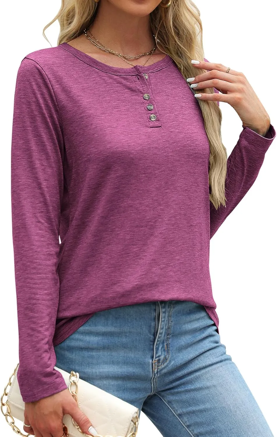 Bluetime Womens Long Sleeve Shirts Crew Neck Button Basic Tee Fall Tops Clothes 2024 Casual Loose T-Shirts