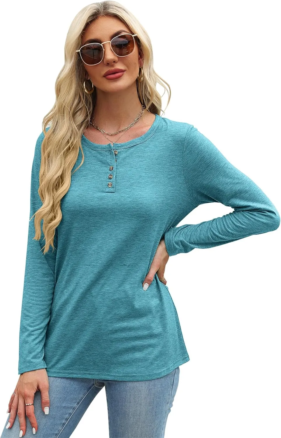 Bluetime Womens Long Sleeve Shirts Crew Neck Button Basic Tee Fall Tops Clothes 2024 Casual Loose T-Shirts