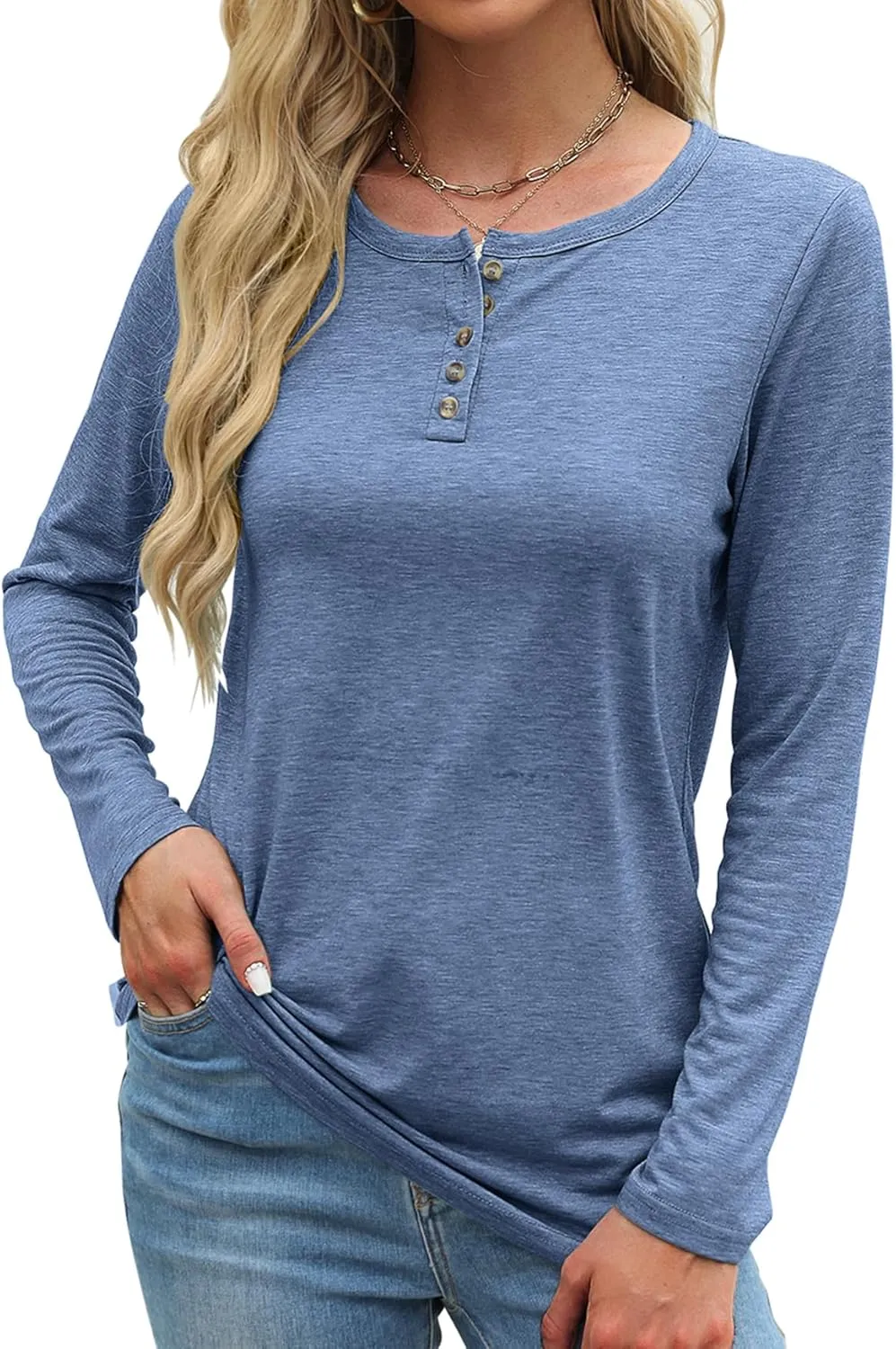 Bluetime Womens Long Sleeve Shirts Crew Neck Button Basic Tee Fall Tops Clothes 2024 Casual Loose T-Shirts