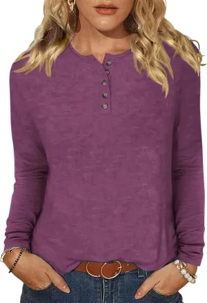 Bluetime Womens Long Sleeve Shirts Crew Neck Button Basic Tee Fall Tops Clothes 2024 Casual Loose T-Shirts