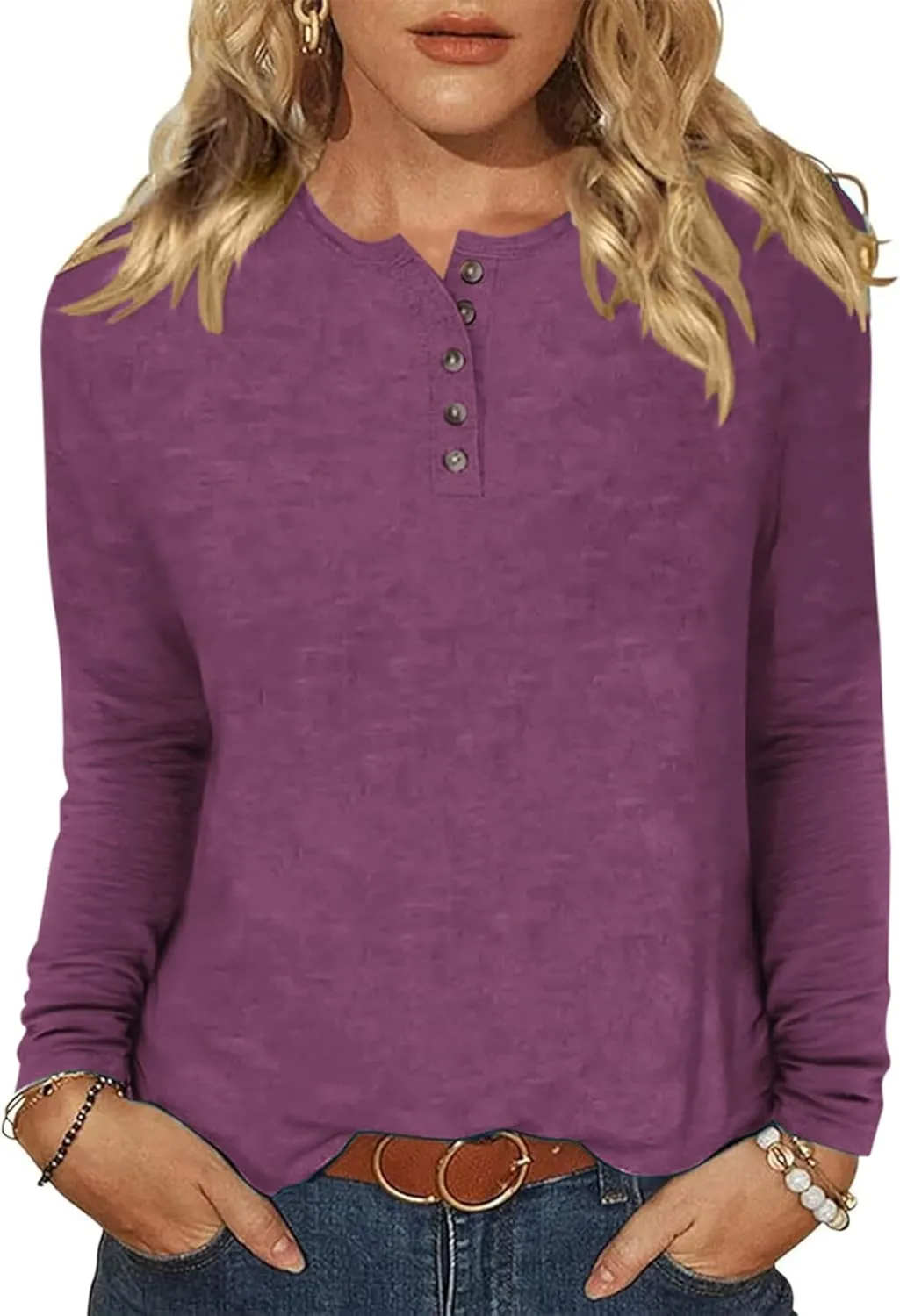 Bluetime Womens Long Sleeve Shirts Crew Neck Button Basic Tee Fall Tops Clothes 2024 Casual Loose T-Shirts
