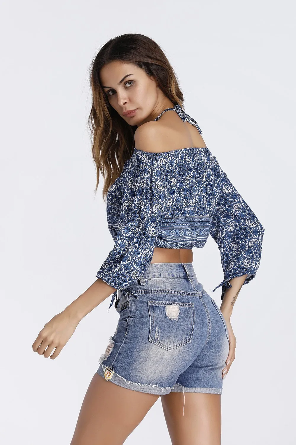 Bohemian Half Sleeve Shoulder-off Women printed strapless blouse