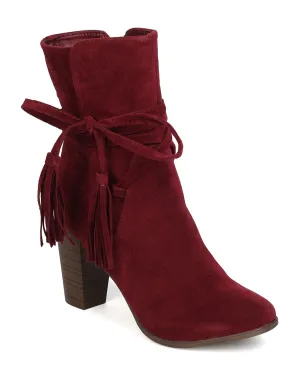 Breckelles Women Hilary-71 Faux Suede Wraparound Tassel Chunky Heel Wine Bootie