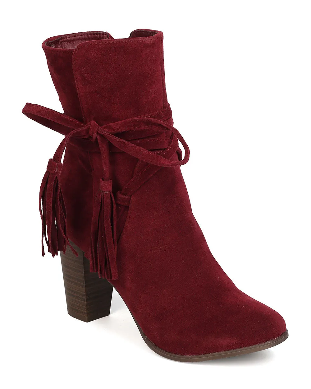 Breckelles Women Hilary-71 Faux Suede Wraparound Tassel Chunky Heel Wine Bootie