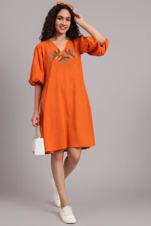 Breezy Bloom Embroidered Cotton Dress  Burnt Orange